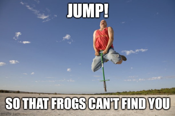 Pogo boy | JUMP! SO THAT FROGS CAN'T FIND YOU | image tagged in pogo boy | made w/ Imgflip meme maker