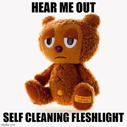 Pj plush | HEAR ME OUT; SELF CLEANING FLESHLIGHT | image tagged in pj plush | made w/ Imgflip meme maker