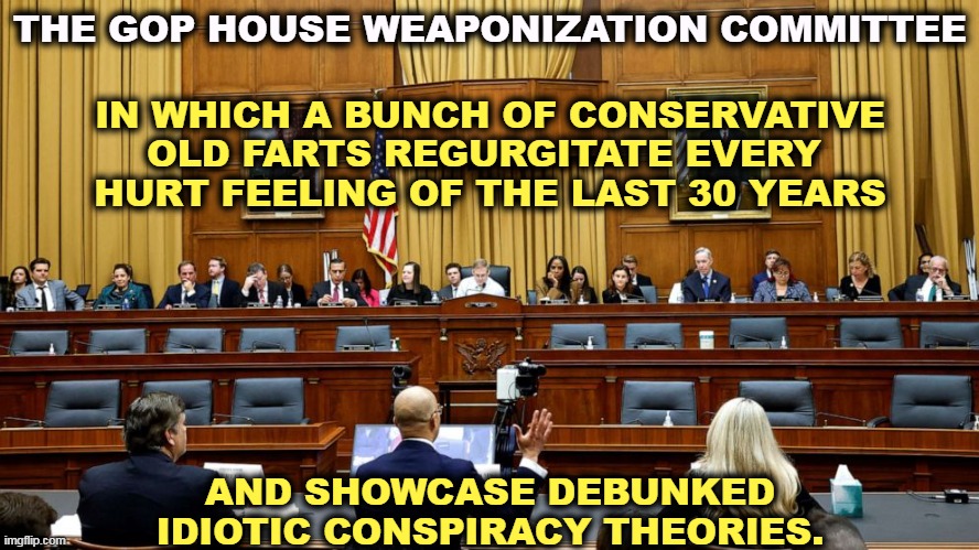 Will this tomfoolery put food on your table? Will new legislation change your life? No, they just sit around whining. | THE GOP HOUSE WEAPONIZATION COMMITTEE; IN WHICH A BUNCH OF CONSERVATIVE OLD FARTS REGURGITATE EVERY 
HURT FEELING OF THE LAST 30 YEARS; AND SHOWCASE DEBUNKED IDIOTIC CONSPIRACY THEORIES. | image tagged in right wing,conservative,gop,republican,pointless | made w/ Imgflip meme maker