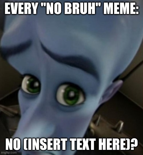 every "no bruh" meme ever | EVERY "NO BRUH" MEME:; NO (INSERT TEXT HERE)? | image tagged in megamind no bitches | made w/ Imgflip meme maker