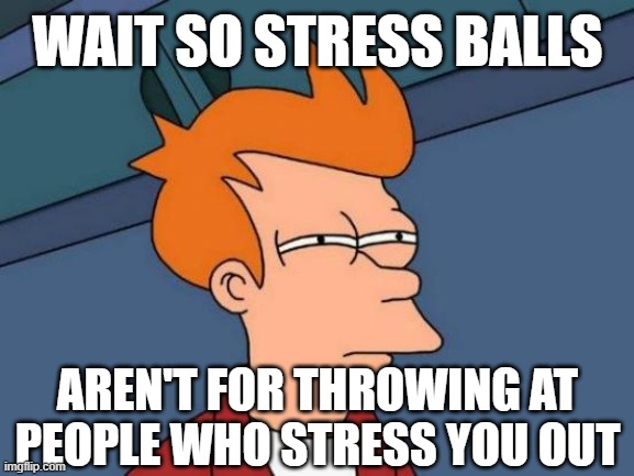wait... | WAIT SO STRESS BALLS; AREN'T FOR THROWING AT PEOPLE WHO STRESS YOU OUT | image tagged in memes,futurama fry | made w/ Imgflip meme maker