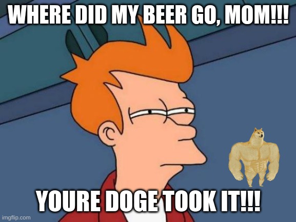 Futurama Fry | WHERE DID MY BEER GO, MOM!!! YOURE DOGE TOOK IT!!! | image tagged in memes,futurama fry | made w/ Imgflip meme maker