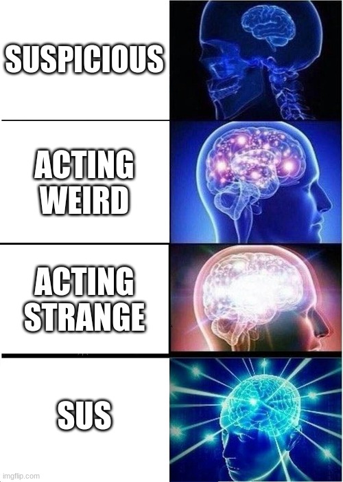 Expanding Brain | SUSPICIOUS; ACTING WEIRD; ACTING STRANGE; SUS | image tagged in memes,expanding brain | made w/ Imgflip meme maker