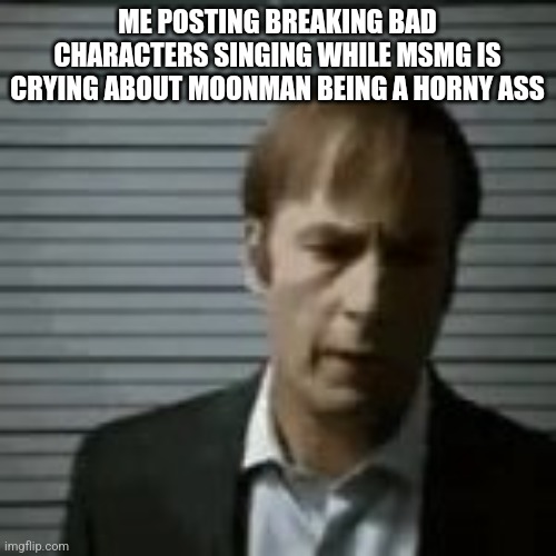 saul | ME POSTING BREAKING BAD CHARACTERS SINGING WHILE MSMG IS CRYING ABOUT MOONMAN BEING A HORNY ASS | image tagged in saul | made w/ Imgflip meme maker