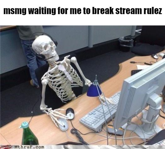 Stream owner said they didn't want me to post horny in this stream. I will respect their wishes | msmg waiting for me to break stream rulez | image tagged in blank white template,waiting skeleton | made w/ Imgflip meme maker