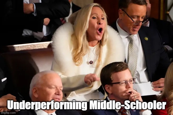 The United States House Of Representatives And Underperforming Middle-Schoolers | Underperforming Middle-Schooler | image tagged in mtg,marjorie taylor green,idiocracy,state of the union address 2023 | made w/ Imgflip meme maker