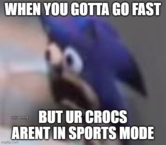 Sonic sad gasp | WHEN YOU GOTTA GO FAST; BUT UR CROCS ARENT IN SPORTS MODE; SANSDAMEME | image tagged in sonic sad gasp,fun,funny,memes,gotta go fast,you're too slow sonic | made w/ Imgflip meme maker