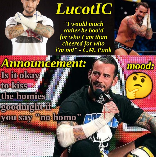 LucotIC's "C.M. Punk" announcement temp 16# | Is it okay to kiss the homies goodnight if you say "no homo"; 🤔 | image tagged in lucotic's c m punk announcement temp 16 | made w/ Imgflip meme maker