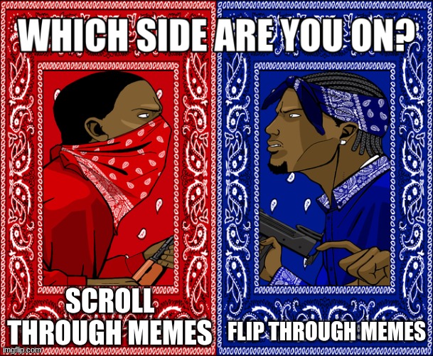 which do you do | SCROLL THROUGH MEMES; FLIP THROUGH MEMES | image tagged in which side are you on | made w/ Imgflip meme maker