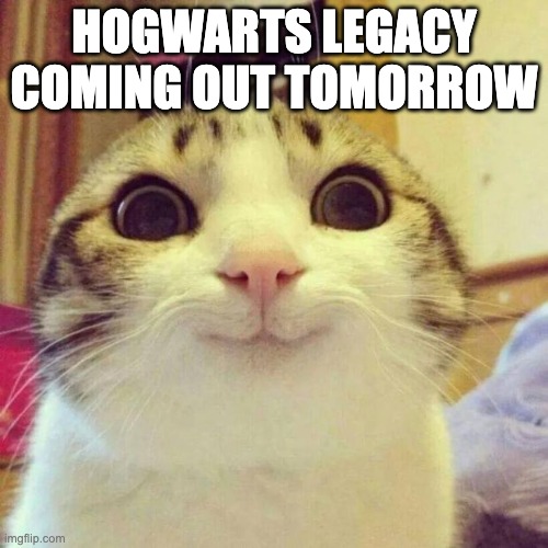 yaaaaaaa | HOGWARTS LEGACY COMING OUT TOMORROW | image tagged in memes,smiling cat | made w/ Imgflip meme maker