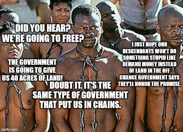 If you want to know if government is serious about reparations then demand the 40 acres instead of the money. | DID YOU HEAR? WE'RE GOING TO FREE? I JUST HOPE OUR DESCENDANTS WON'T DO SOMETHING STUPID LIKE DEMAND MONEY INSTEAD OF LAND IN THE OFF CHANCE GOVERNMENT SAYS THEY'LL HONOR THE PROMISE. THE GOVERNMENT IS GOING TO GIVE US 40 ACRES OF LAND! DOUBT IT. IT'S THE SAME TYPE OF GOVERNMENT THAT PUT US IN CHAINS. | image tagged in slavery,black history month,government corruption | made w/ Imgflip meme maker