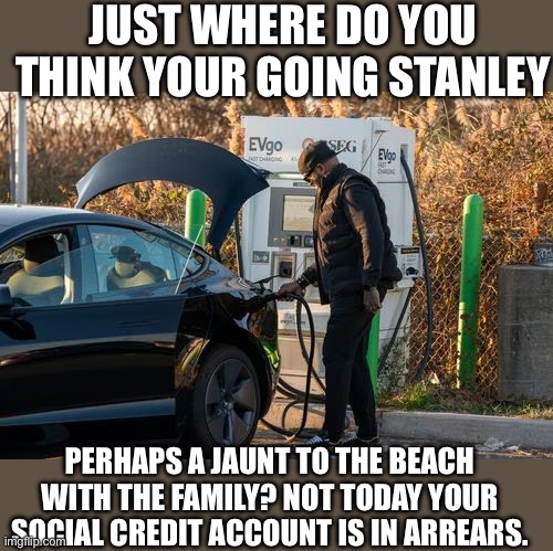 Our green new future | JUST WHERE DO YOU THINK YOUR GOING STANLEY; PERHAPS A JAUNT TO THE BEACH WITH THE FAMILY? NOT TODAY YOUR SOCIAL CREDIT ACCOUNT IS IN ARREARS. | image tagged in democrats | made w/ Imgflip meme maker