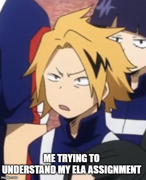 ITS SO CONUSING | ME TRYING TO UNDERSTAND MY ELA ASSIGNMENT | image tagged in confused denki | made w/ Imgflip meme maker