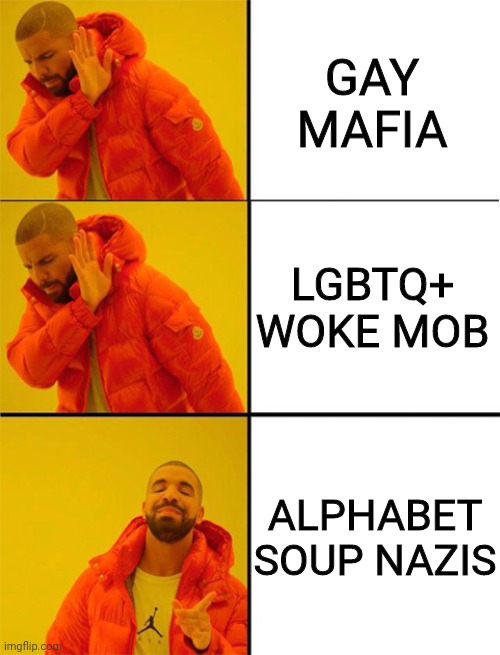 An even better term for the LGBTQ+ woke mob | GAY MAFIA; LGBTQ+ WOKE MOB; ALPHABET SOUP NAZIS | image tagged in drake meme 3 panels,lgbtq,sjws,stupid liberals | made w/ Imgflip meme maker