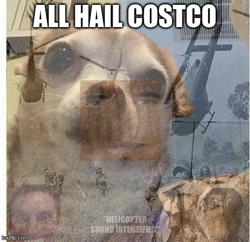 PTSD Chihuahua | ALL HAIL COSTCO; "HELICOPTER SOUND INTENSIFIES" | image tagged in ptsd chihuahua | made w/ Imgflip meme maker