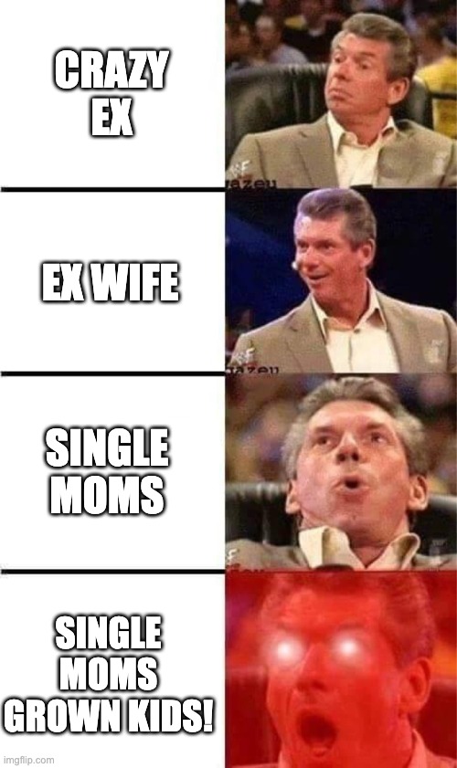 Evolution | CRAZY EX; EX WIFE; SINGLE MOMS; SINGLE MOMS GROWN KIDS! | image tagged in vince mcmahon reaction w/glowing eyes,single mom,singles | made w/ Imgflip meme maker