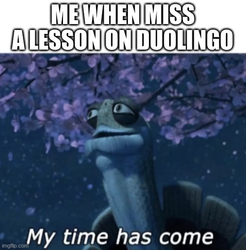 My time has come | ME WHEN MISS A LESSON ON DUOLINGO | image tagged in my time has come | made w/ Imgflip meme maker