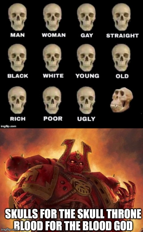 SKULLS FOR THE SKULL THRONE
BLOOD FOR THE BLOOD GOD | image tagged in skulls meme,khornate space marine | made w/ Imgflip meme maker