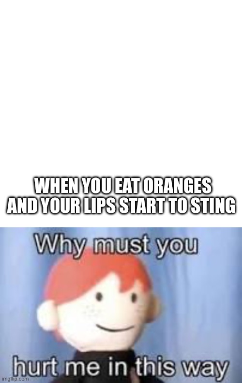 This happened me yesterday | WHEN YOU EAT ORANGES AND YOUR LIPS START TO STING | image tagged in why must you hurt me in this way | made w/ Imgflip meme maker