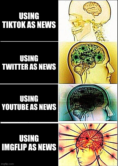 *Insert News title* | USING TIKTOK AS NEWS; USING TWITTER AS NEWS; USING YOUTUBE AS NEWS; USING IMGFLIP AS NEWS | image tagged in memes,expanding brain | made w/ Imgflip meme maker