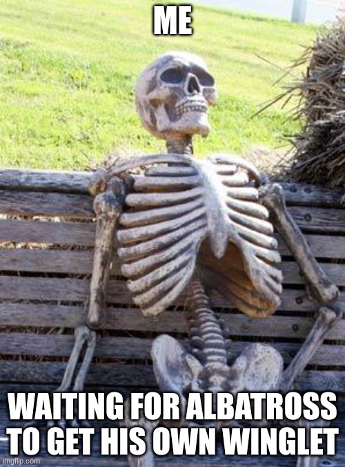 Waiting Skeleton Meme | ME; WAITING FOR ALBATROSS TO GET HIS OWN WINGLET | image tagged in memes,waiting skeleton | made w/ Imgflip meme maker