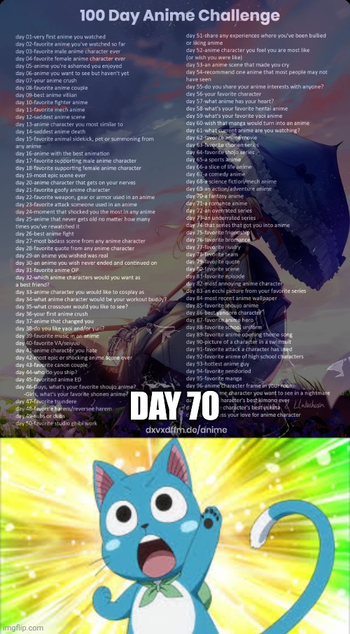 AYE! | DAY 70 | image tagged in 100 day anime challenge,fairy tail happy | made w/ Imgflip meme maker