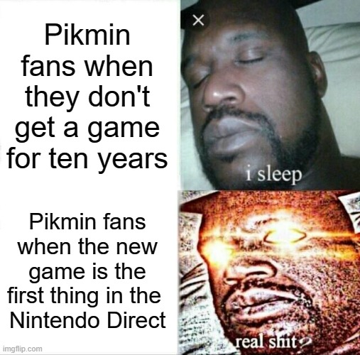 7 21 2023 | Pikmin fans when they don't get a game for ten years; Pikmin fans when the new game is the first thing in the 
Nintendo Direct | image tagged in memes,sleeping shaq,pikmin,years | made w/ Imgflip meme maker