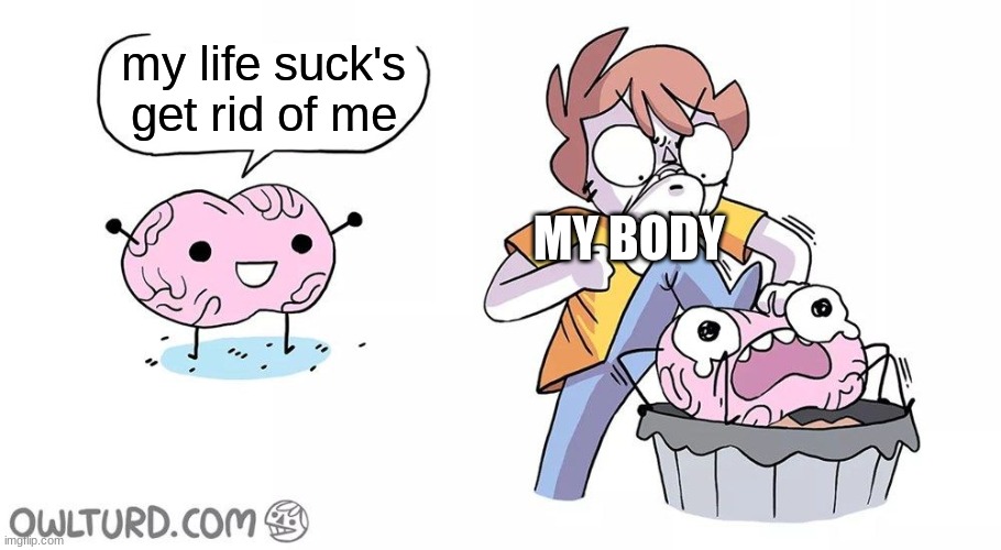 sorryy | my life suck's get rid of me; MY BODY | image tagged in beat the brain | made w/ Imgflip meme maker