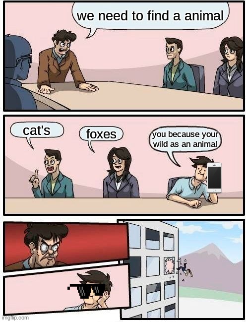 Boardroom Meeting Suggestion | we need to find a animal; cat's; foxes; you because your wild as an animal | image tagged in memes,boardroom meeting suggestion | made w/ Imgflip meme maker