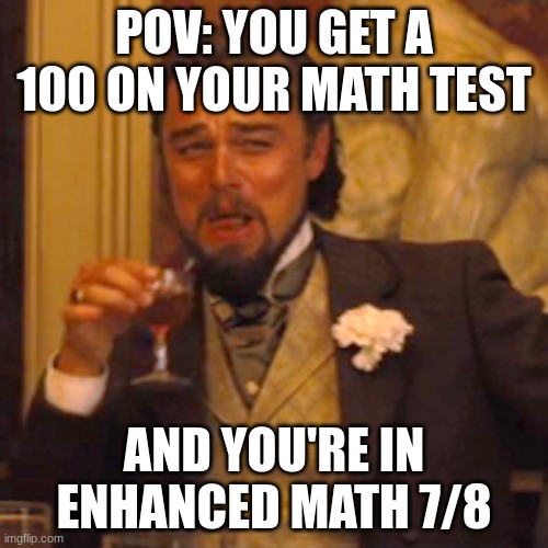 Nerd? | POV: YOU GET A 100 ON YOUR MATH TEST; AND YOU'RE IN ENHANCED MATH 7/8 | image tagged in memes,laughing leo | made w/ Imgflip meme maker