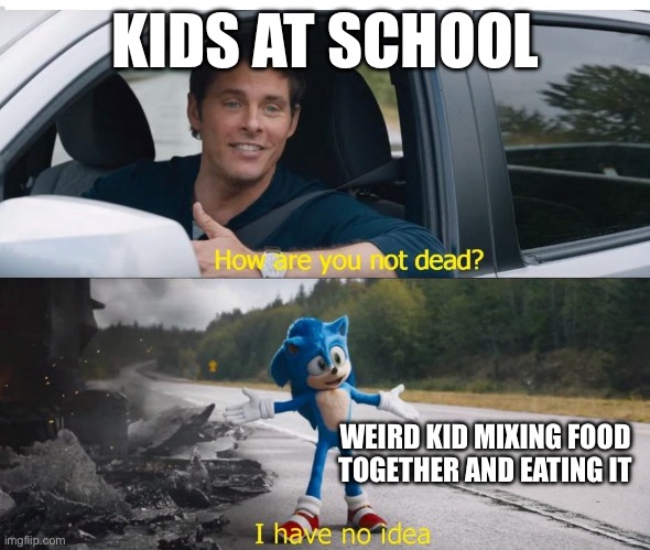 Every school has one | KIDS AT SCHOOL; WEIRD KID MIXING FOOD TOGETHER AND EATING IT | image tagged in sonic how are you not dead,funny,sonic the hedgehog,sonic,school,kids | made w/ Imgflip meme maker
