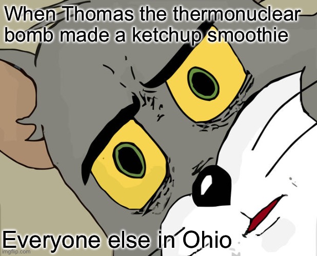 Stop me if you’ve heard this one before | When Thomas the thermonuclear bomb made a ketchup smoothie; Everyone else in Ohio | image tagged in memes,unsettled tom | made w/ Imgflip meme maker