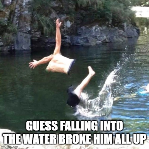 Fell Apart | GUESS FALLING INTO THE WATER BROKE HIM ALL UP | image tagged in unsee juice | made w/ Imgflip meme maker