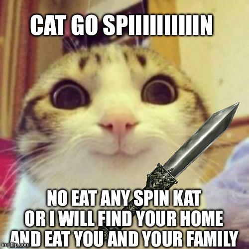CAT GO SPIIIIIIIIIIN NO EAT ANY SPIN KAT OR I WILL FIND YOUR HOME AND EAT YOU AND YOUR FAMILY | made w/ Imgflip meme maker