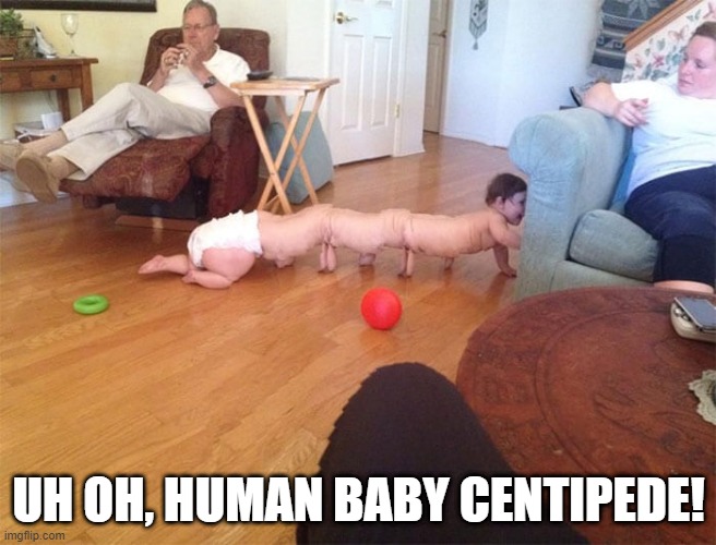 Centipede | UH OH, HUMAN BABY CENTIPEDE! | image tagged in unsee juice | made w/ Imgflip meme maker