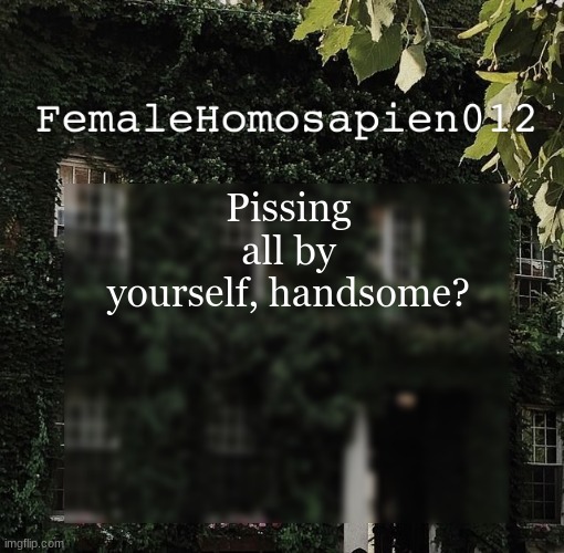 FemaleHomosapien012 | Pissing all by yourself, handsome? | image tagged in femalehomosapien012 | made w/ Imgflip meme maker