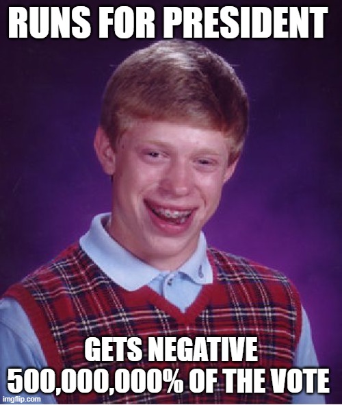 Bad Luck Brian | RUNS FOR PRESIDENT; GETS NEGATIVE 500,000,000% OF THE VOTE | image tagged in memes,bad luck brian | made w/ Imgflip meme maker