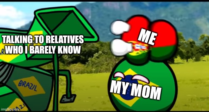 And then your standing like: .....hi? | ME; TALKING TO RELATIVES WHO I BARELY KNOW; MY MOM | image tagged in you're going to brazil | made w/ Imgflip meme maker