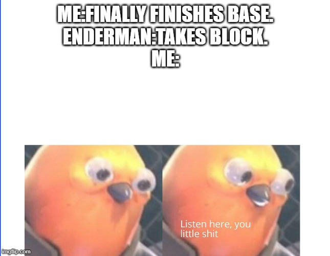 lol | ME:FINALLY FINISHES BASE.
ENDERMAN:TAKES BLOCK.
ME: | image tagged in listen here you little shit | made w/ Imgflip meme maker