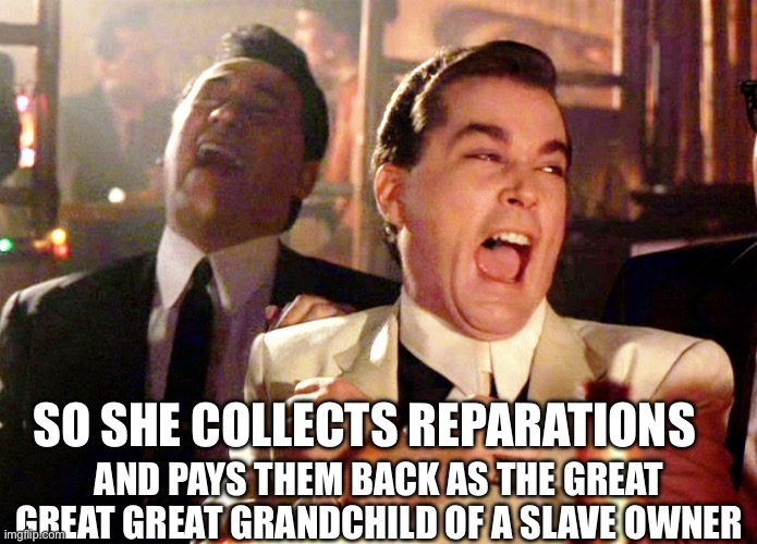 Good Fellas Hilarious Meme | SO SHE COLLECTS REPARATIONS AND PAYS THEM BACK AS THE GREAT GREAT GREAT GRANDCHILD OF A SLAVE OWNER | image tagged in memes,good fellas hilarious | made w/ Imgflip meme maker