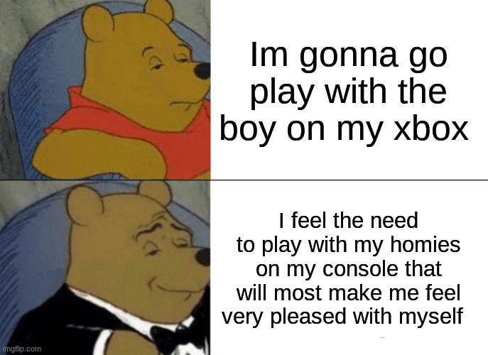 Tuxedo Winnie The Pooh Meme | Im gonna go play with the boy on my xbox; I feel the need to play with my homies on my console that will most make me feel very pleased with myself | image tagged in memes,tuxedo winnie the pooh | made w/ Imgflip meme maker