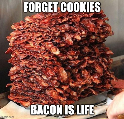 bacon | FORGET COOKIES BACON IS LIFE | image tagged in bacon | made w/ Imgflip meme maker