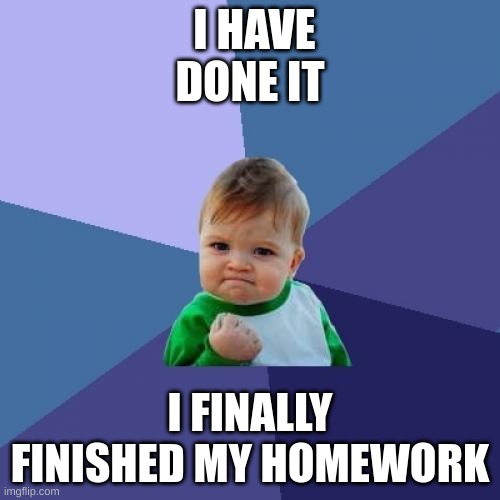 Success Kid | I HAVE DONE IT; I FINALLY FINISHED MY HOMEWORK | image tagged in memes,success kid | made w/ Imgflip meme maker