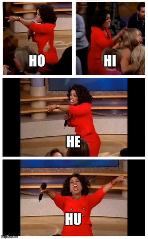 Oprah You Get A Car Everybody Gets A Car | HO; HI; HE; HU | image tagged in memes,oprah you get a car everybody gets a car | made w/ Imgflip meme maker