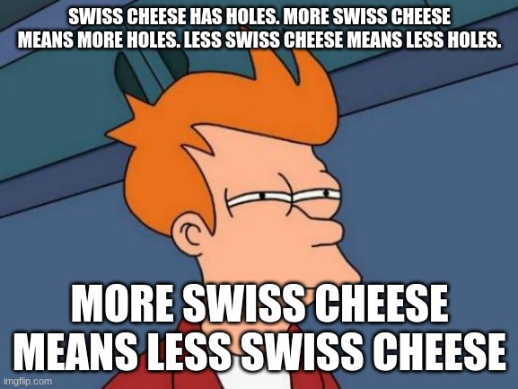 i just realized this | SWISS CHEESE HAS HOLES. MORE SWISS CHEESE MEANS MORE HOLES. LESS SWISS CHEESE MEANS LESS HOLES. MORE SWISS CHEESE MEANS LESS SWISS CHEESE | image tagged in memes,futurama fry | made w/ Imgflip meme maker