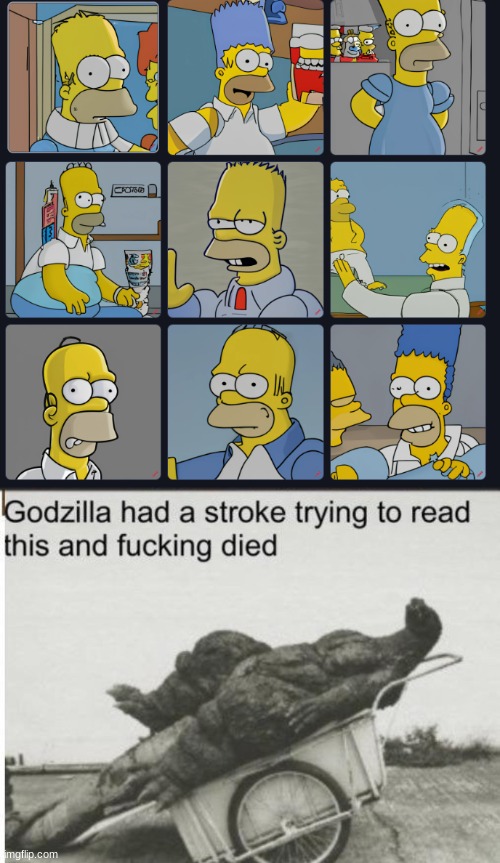 Why does Homer have Marge hair? | image tagged in godzilla,the simpsons | made w/ Imgflip meme maker