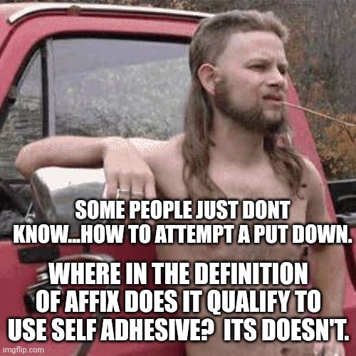 almost redneck | SOME PEOPLE JUST DONT KNOW...HOW TO ATTEMPT A PUT DOWN. WHERE IN THE DEFINITION OF AFFIX DOES IT QUALIFY TO USE SELF ADHESIVE?  ITS DOESN'T. | image tagged in almost redneck | made w/ Imgflip meme maker