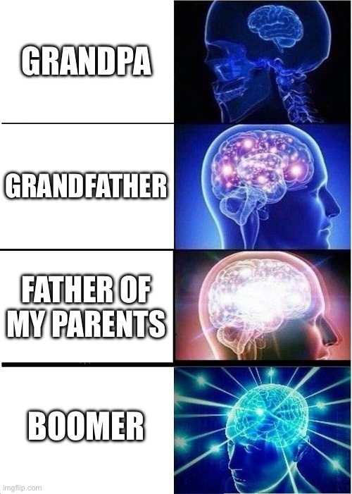 Expanding Brain Meme | GRANDPA; GRANDFATHER; FATHER OF MY PARENTS; BOOMER | image tagged in memes,expanding brain | made w/ Imgflip meme maker