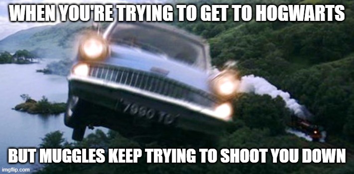 Harry Potter flying car | WHEN YOU'RE TRYING TO GET TO HOGWARTS; BUT MUGGLES KEEP TRYING TO SHOOT YOU DOWN | image tagged in harry potter flying car | made w/ Imgflip meme maker