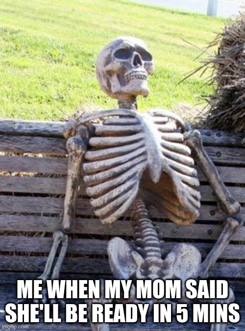 Waiting Skeleton Meme | ME WHEN MY MOM SAID SHE'LL BE READY IN 5 MINS | image tagged in memes,waiting skeleton | made w/ Imgflip meme maker